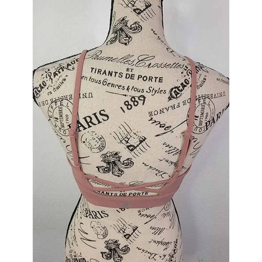 Alo Yoga Sport Bra Womens Small V Neck Cross Back Blush Pink Logo